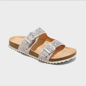 Glittery Drew Footbed Silver Slide Sandals